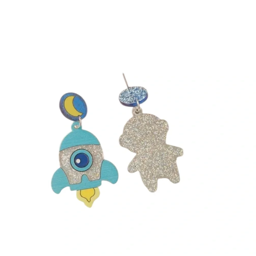 Astronaut & Rocket Dangle Earrings - Picture 2 of 3